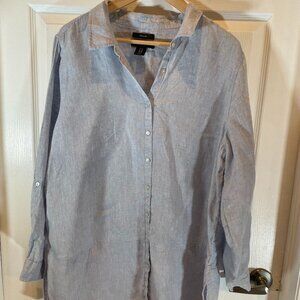 Tahari Womens XL LINEN Blouse Linen Tunic Shirt Light Blue Button Front Tab Slee